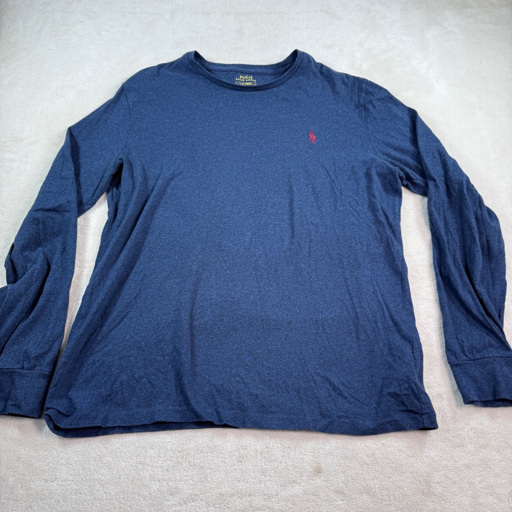Polo Ralph Lauren Mens Long Sleeve T-Shirt Navy Blue Heather Red Pony Size L - Picture 2 of 7